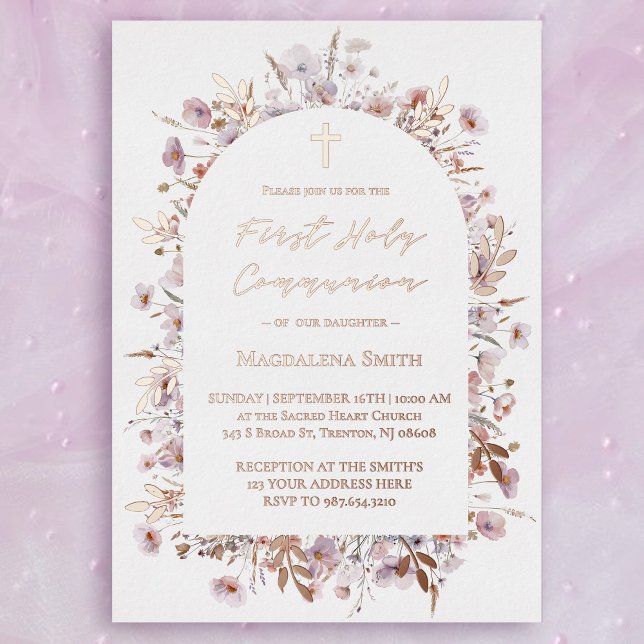 First Holy Communion wildflowers silver Foil Invitation (Creator Uploaded)