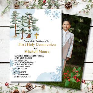 First Holy Communion Winter Forest Snowflake Invitation