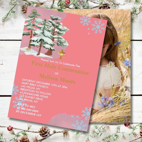 First Holy Communion Winter Forest Snowflake Photo Invitation