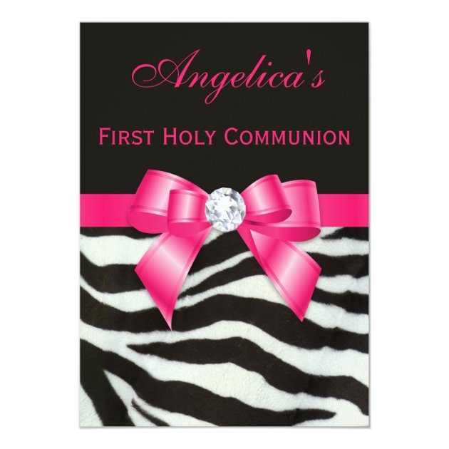 First Holy Communion Zebra Stripes Hot Pink Bow Invitation
