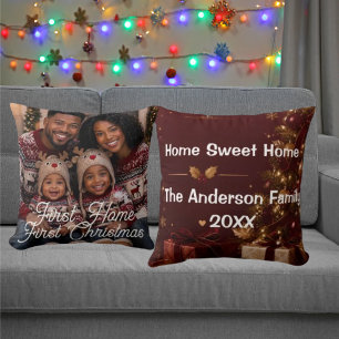 First Home First Christmas Family Photo Burgundy Throw Pillow