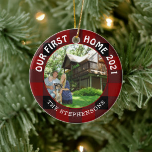 First Home Rustic Red Plaid 2 Photo Ceramic Ornament