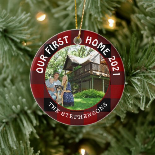 First Home Rustic Red Plaid 2 Photo Ceramic Ornament