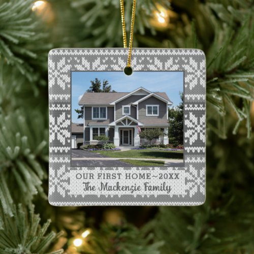 First Home Snowflake Sweater Photo Personalized Ceramic Ornament
