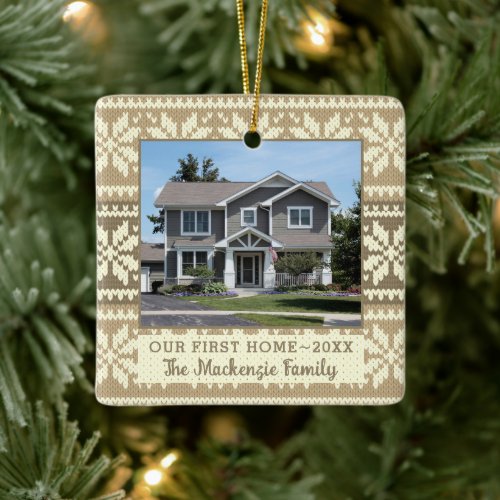 First Home Snowflake Sweater Photo Personalized Ceramic Ornament