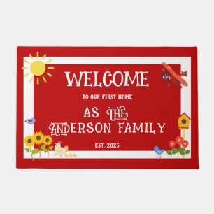 First Home Welcome Rustic Chicken Red White Doormat