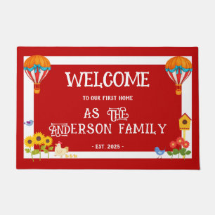 First Home Welcome Vintage Balloons Red White Doormat