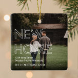 First House 2 Photo Christmas Ceramic Ornament<br><div class="desc">First house keepsake christmas ornament featuring 2 photos either side,  the saying "new home" in a modern white outline font,  your new address,  name,  and the year.</div>