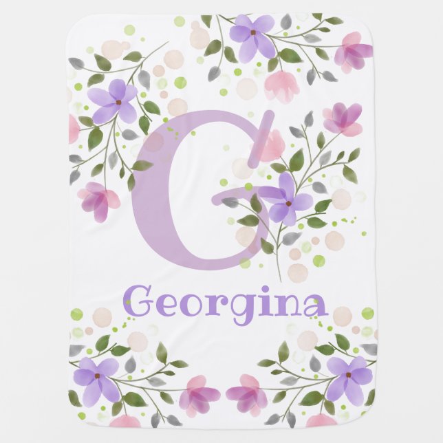 First Initial Plus Name Abigail with Flowers Baby Blanket (Front)