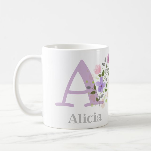 First Initial Plus Name Abigail with Flowers Coffee Mug (Left)