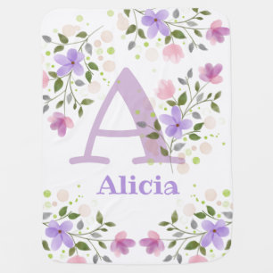 First Initial Plus Name Alicia with Flowers Baby Blanket