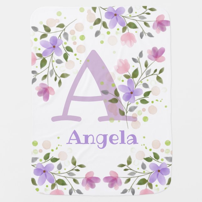 First Initial Plus Name Angela with Flowers Baby Blanket (Front)