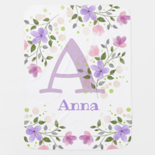 First Initial Plus Name Anna with Flowers Baby Blanket