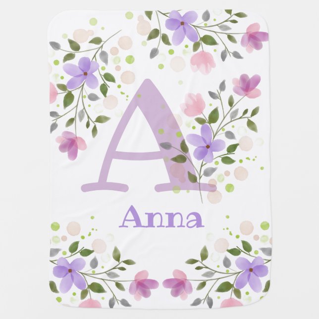 First Initial Plus Name Anna with Flowers Baby Blanket (Front)