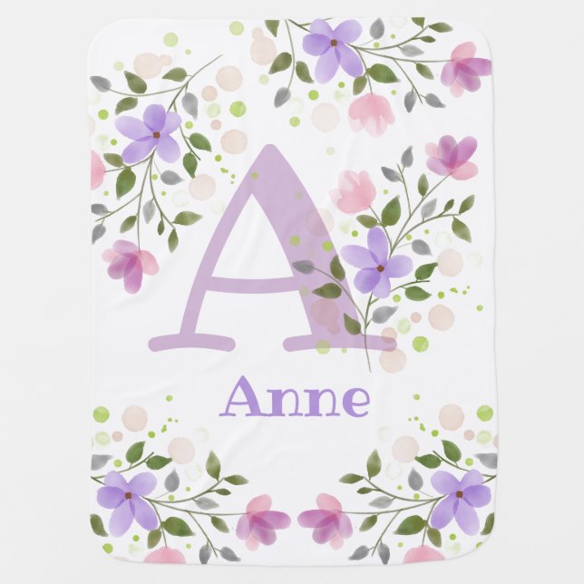 First Initial Plus Name Anne with Flowers Baby Blanket (Front)