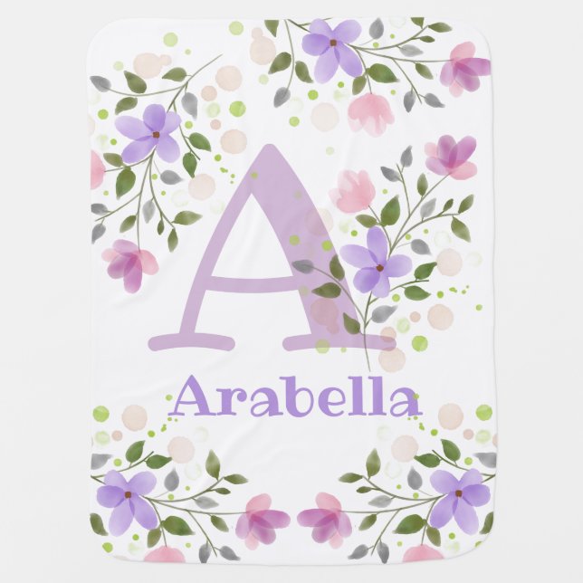 First Initial Plus Name Arabella with Flowers Baby Blanket (Front)