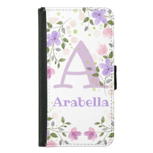 First Initial Plus Name Arabella with Flowers Samsung Galaxy S5 Wallet Case