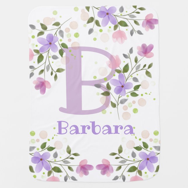 First Initial Plus Name Barbara with Flowers Baby Blanket (Front)