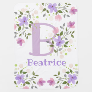 First Initial Plus Name Beatrice with Flowers Baby Blanket