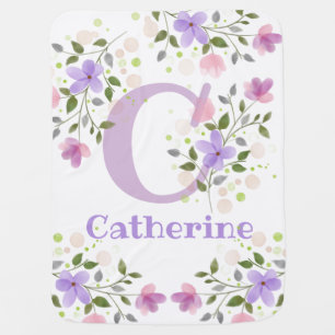 First Initial Plus Name Catherine with Flowers Baby Blanket