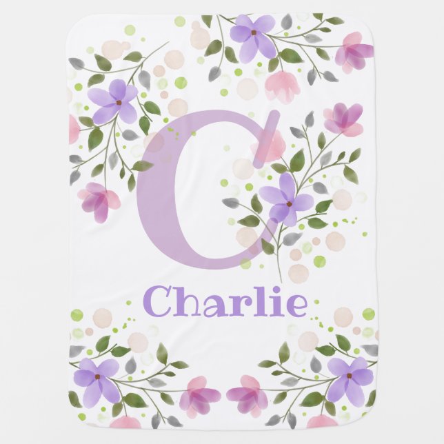 First Initial Plus Name Charlie with Flowers Baby Blanket (Front)