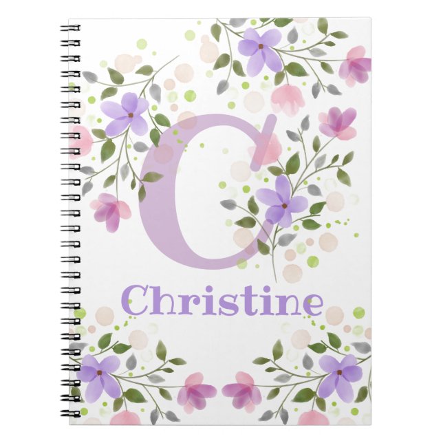 First Initial Plus Name Christine with Flowers Notebook (Front)