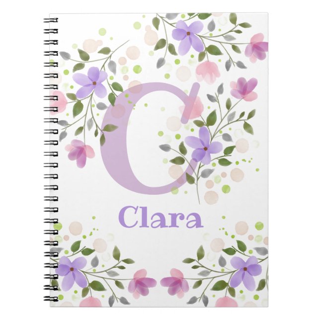 First Initial Plus Name Clara with Flowers Notebook (Front)