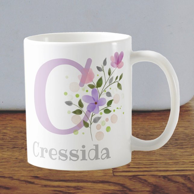 First Initial Plus Name Cressida with Flowers Coffee Mug (Creator Uploaded)