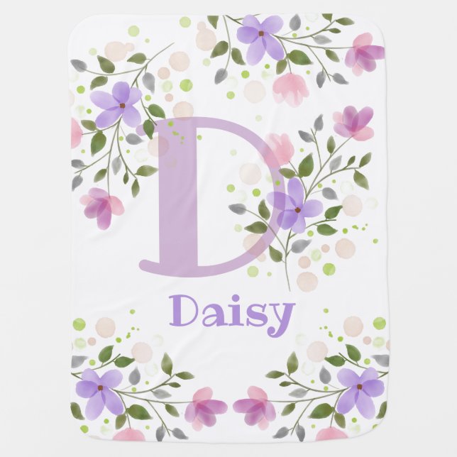 First Initial Plus Name Daisy with Flowers Baby Blanket (Front)