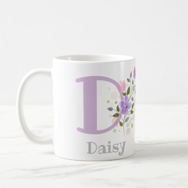 First Initial Plus Name Daisy with Flowers Coffee Mug (Left)