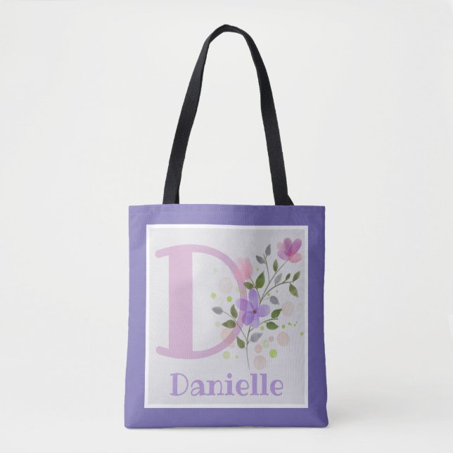 First Initial Plus Name Danielle with Flowers Tote Bag (Front)