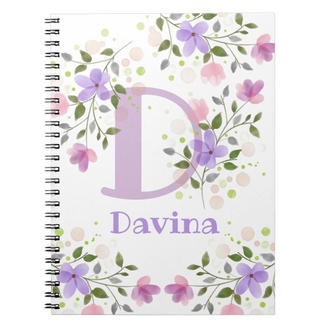 First Initial Plus Name Davina with Flowers Notebook (Front)