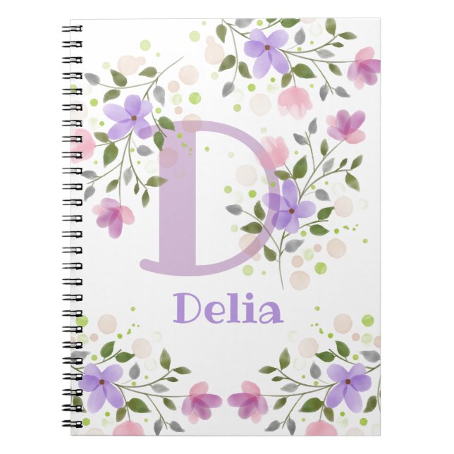 First Initial Plus Name Delia with Flowers Notebook (Front)
