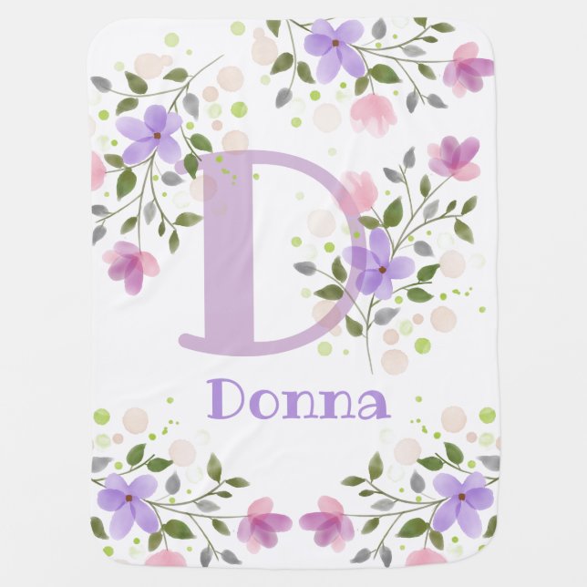 First Initial Plus Name Donna with Flowers Baby Blanket (Front)