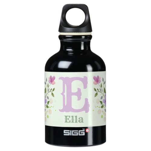 First Initial Plus Name Ella with Flowers Aluminum Water Bottle