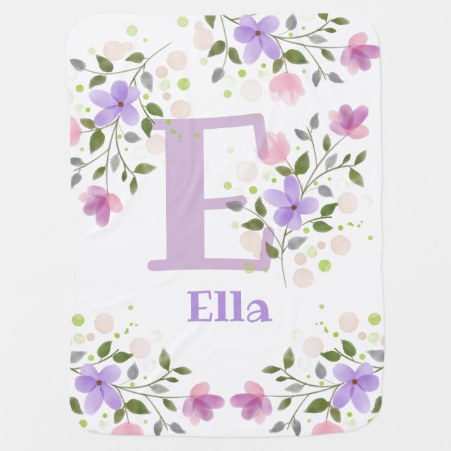 First Initial Plus Name Ella with Flowers Baby Blanket (Front)