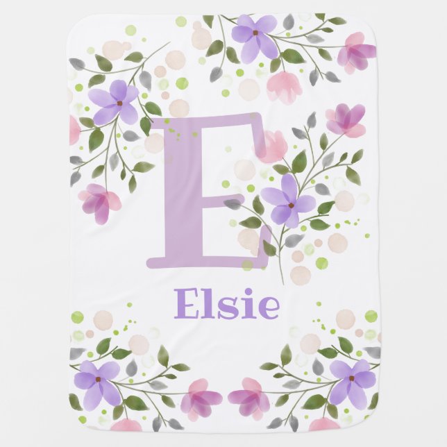 First Initial Plus Name Elsie with Flowers Baby Blanket (Front)