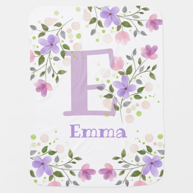 First Initial Plus Name Emma with Flowers Baby Blanket (Front)