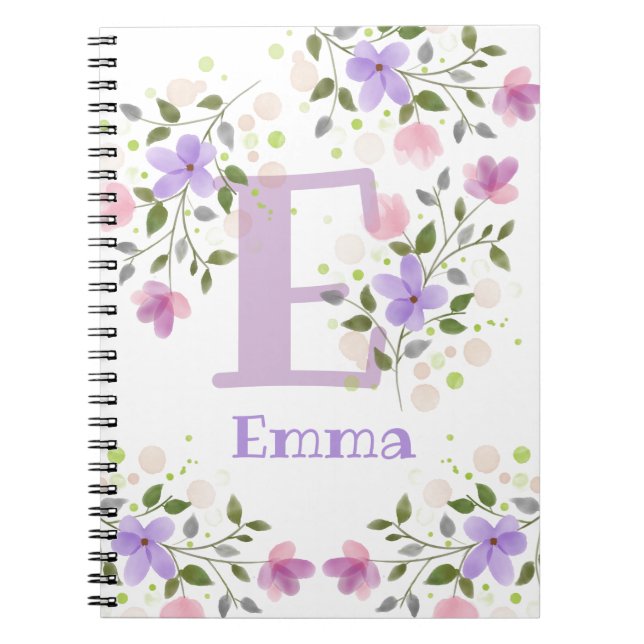 First Initial Plus Name Emma with Flowers Notebook (Front)