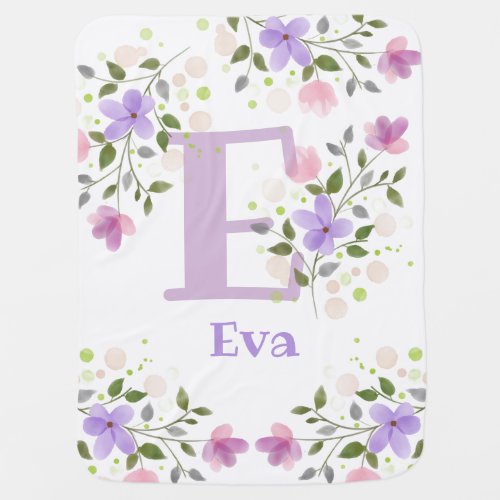 First Initial Plus Name Eva with Flowers Baby Blanket