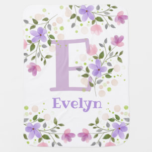 First Initial Plus Name Evelyn with Flowers Baby Blanket