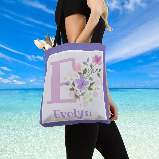 First Initial Plus Name Evelyn with Flowers Tote Bag (Creator Uploaded)