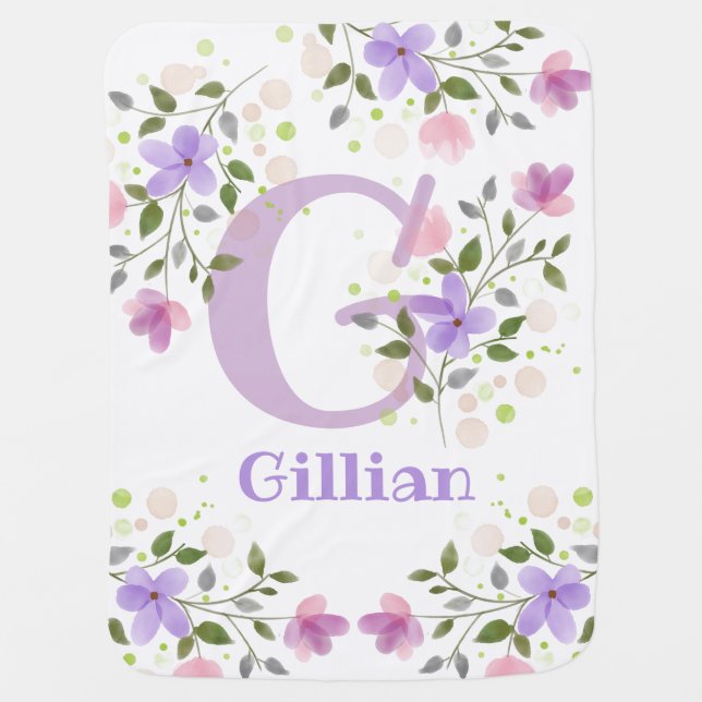 First Initial Plus Name Gillian with Flowers Baby Blanket (Front)