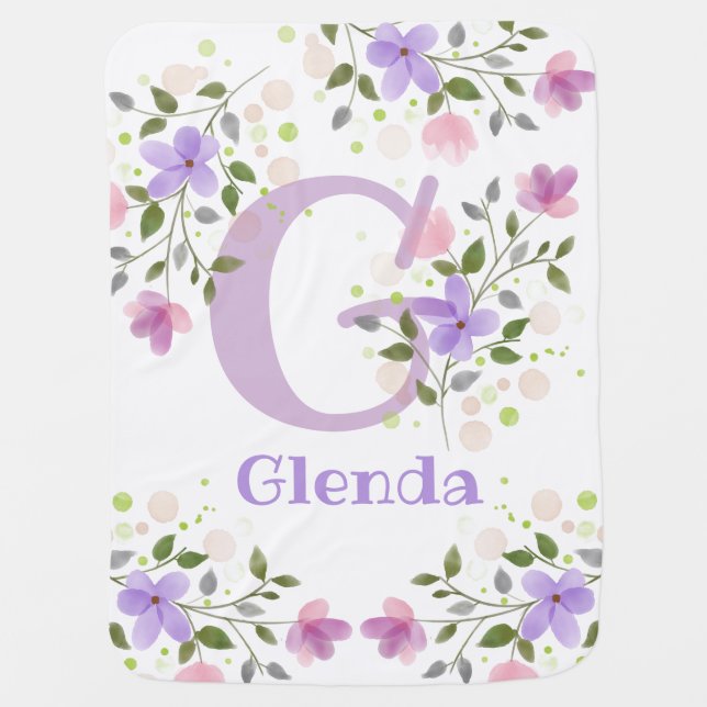 First Initial Plus Name Glenda with Flowers Baby Blanket (Front)