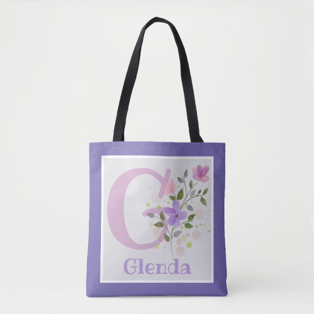 First Initial Plus Name Glenda with Flowers Tote Bag (Front)