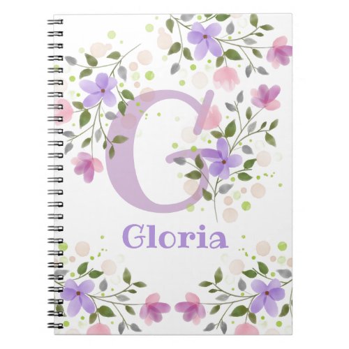 First Initial Plus Name Gloria with Flowers Notebook