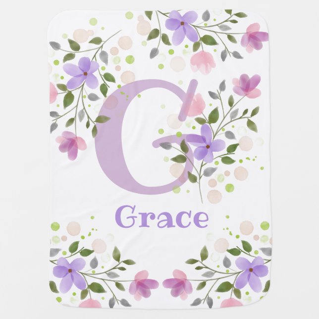 First Initial Plus Name Grace with Flowers Baby Blanket (Front)