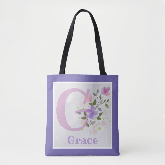 First Initial Plus Name Grace with Flowers Tote Bag (Front)