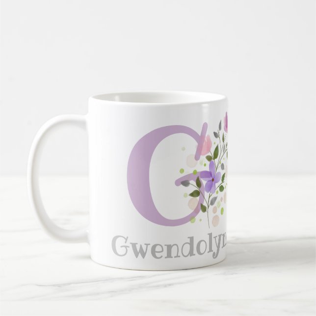 First Initial Plus Name Gwendolyn with Flowers Coffee Mug (Left)