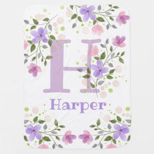 First Initial Plus Name Harper with Flowers Baby Blanket